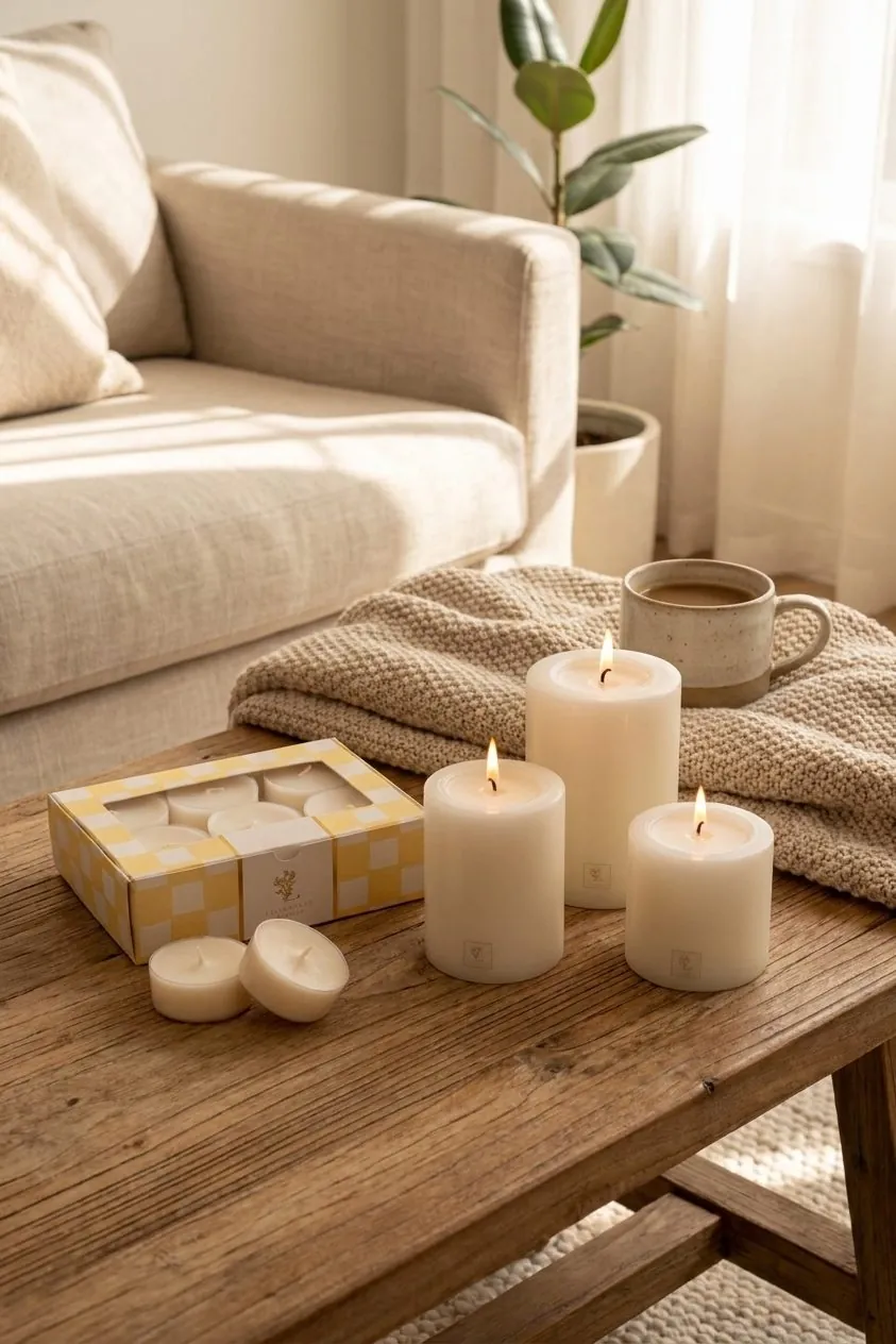 Lilianfeld candles styled on a coffee table in a sunlit living room